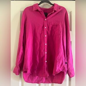 Gap Shirt Womens L Hot Pink Button Up Linen Blend Boyfriend Shirt Long Sleeve